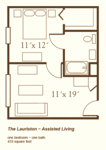 Oak Grove Inn offers a one bedroom, one bath assisted living apartment with the Lauriston floor-plan.
