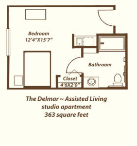 An assisted living studio apartment in Montgomery, AL.