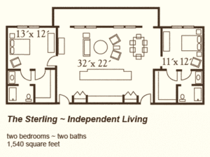 The Sterling floor-plan is a two bedroom apartment for independent living.